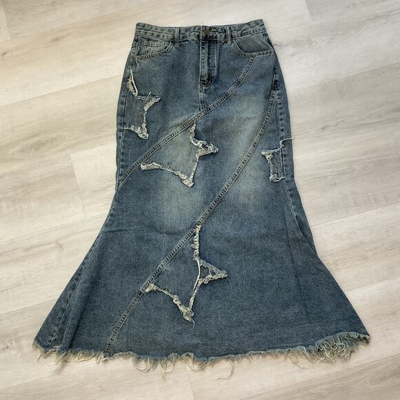 Romwe Womens Distressed Star Denim Raw Hem Maxi Skirt Grungecore Size Medium - Picture 2 of 11
